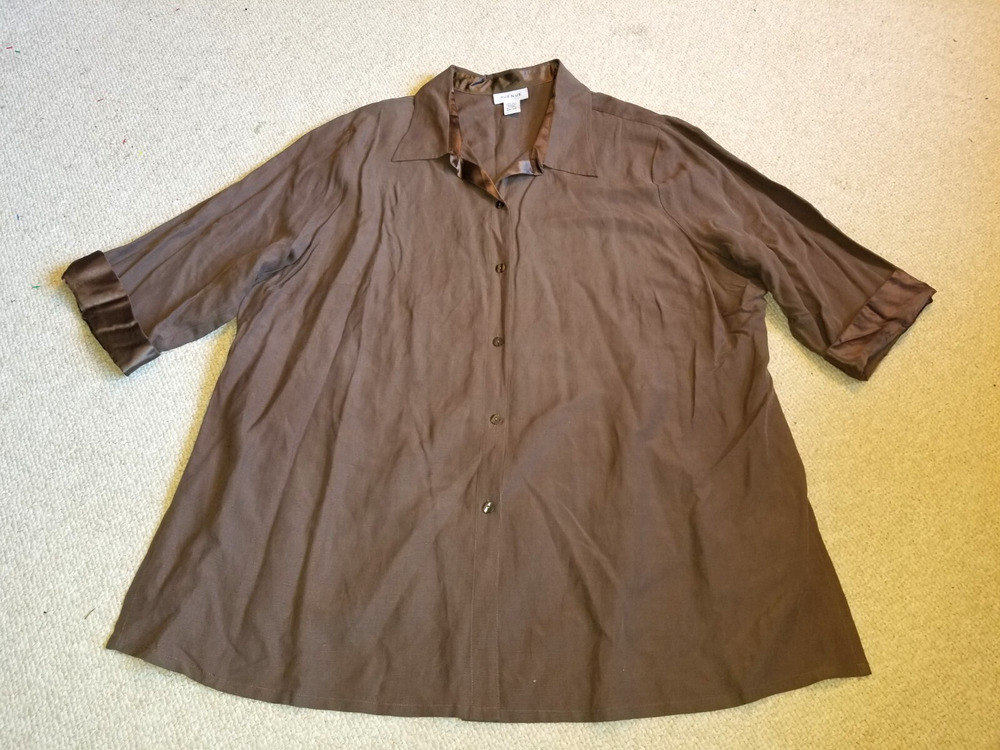 Womens Top-AVENUE-brown silk/linen button-up tunic satin trim elbow slv-26/28